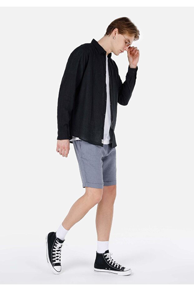 Regular Fit Dokuma Orta Bel Düz Erkek Mavi Şort - 3