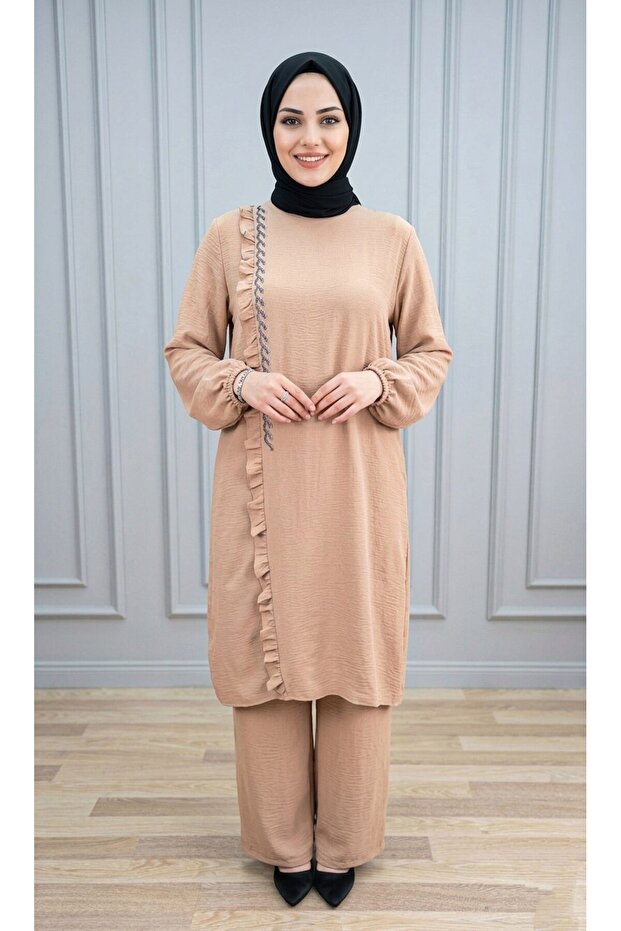 Simge Takım Women's Milk Coffee Ayrobin Fabric 2-Piece Trousers Tunic Set
