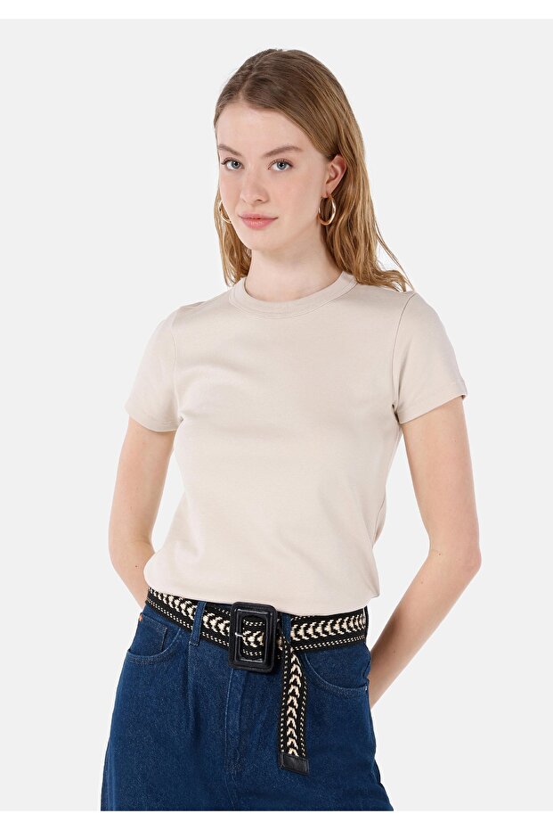 Slim Fit Round Neck Plain Women's Beige Short Sleeve T-Shirt