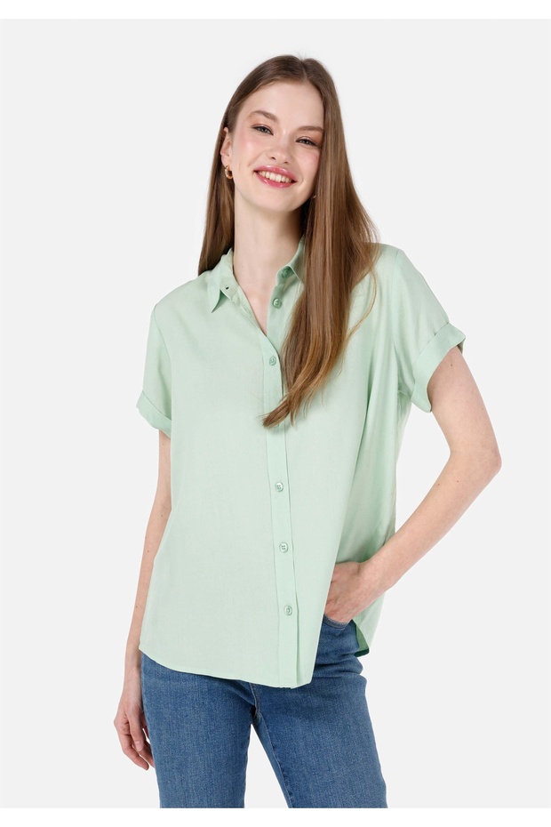 Regular Fit Shirt Collar Green Women's Short Sleeve Shirt