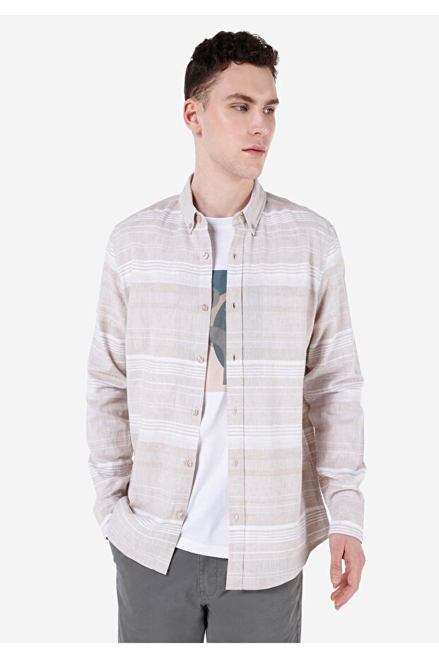 Regular Fit Shirt Neck Striped Men's Beige Long Sleeve Shirt