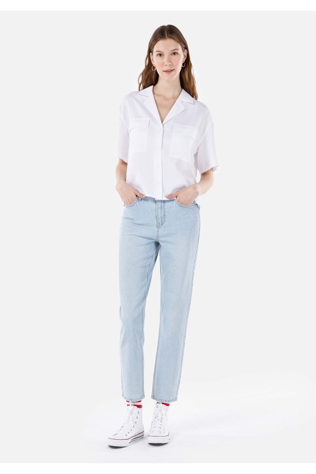 Mom Fit High Waist Narrow Leg Women's Bleach Indigo D Denim Jean Trousers