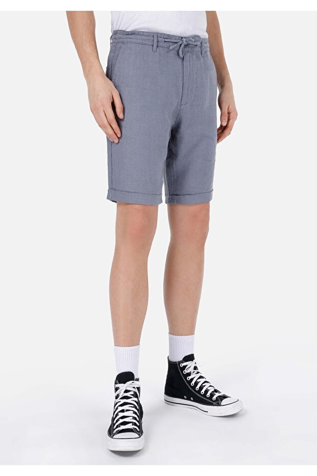 Regular Fit Dokuma Orta Bel Düz Erkek Mavi Şort - 4