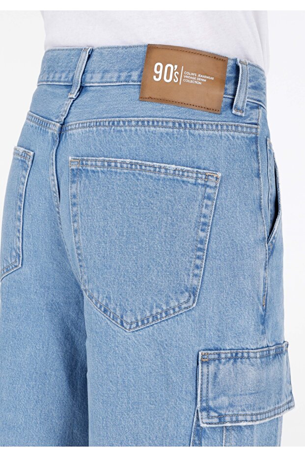 Cargo Fit Orta Bel Düz Erkek İndigo Jean Şort - 6
