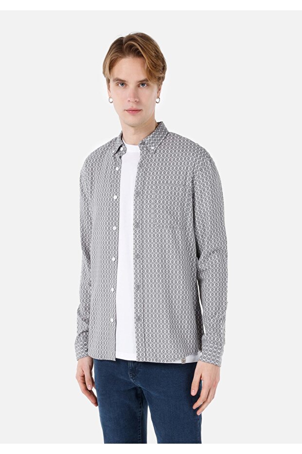 Slim Fit Shirt Neck Printed Men's Gray Long Sleeve Shirt