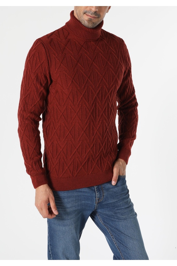Slim Fit Fisherman Patterned Orange Men's Sweater Cl1056012