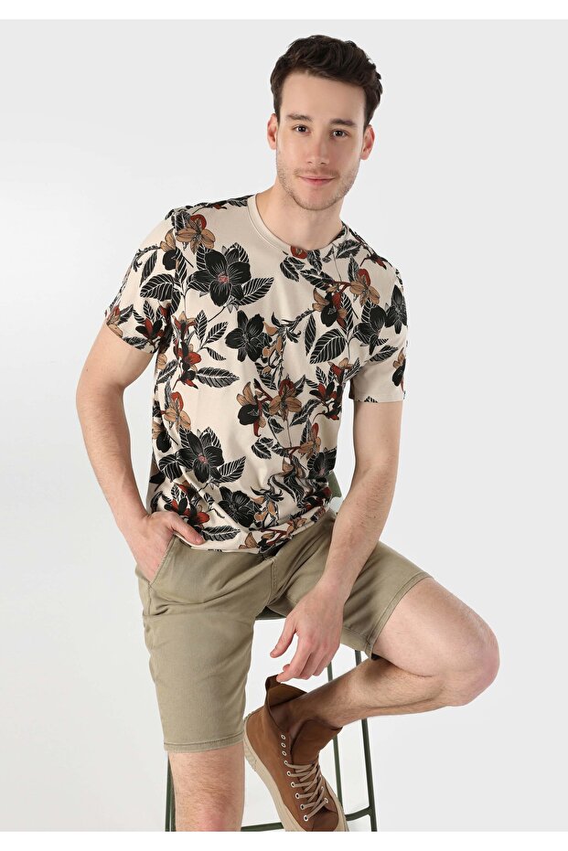 Regular Fit Round Neck Printed Men's Beige Short Sleeve T-Shirt