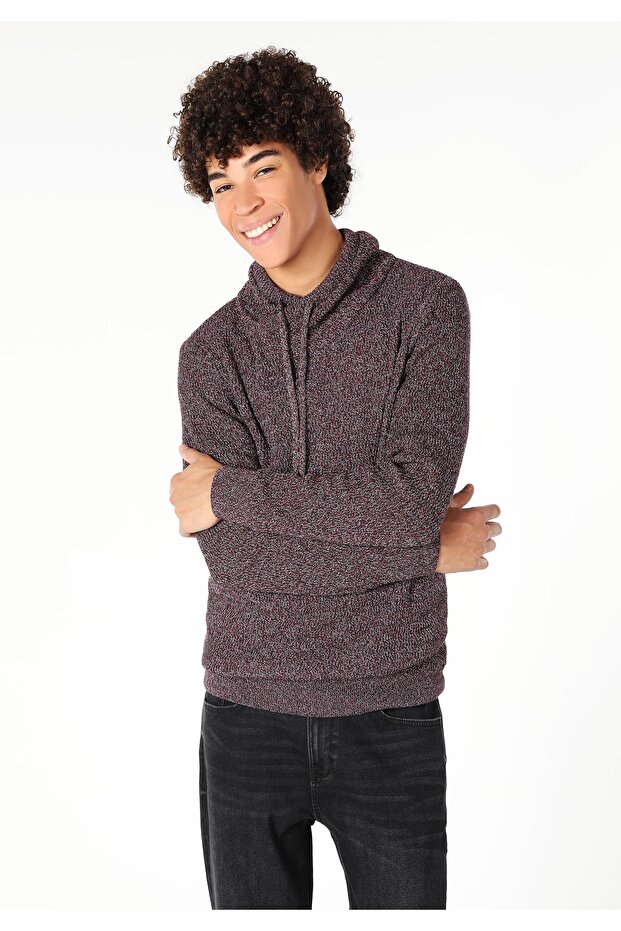 Slim Fit Turtle Neck Jacquard Men's Burgundy Sweater