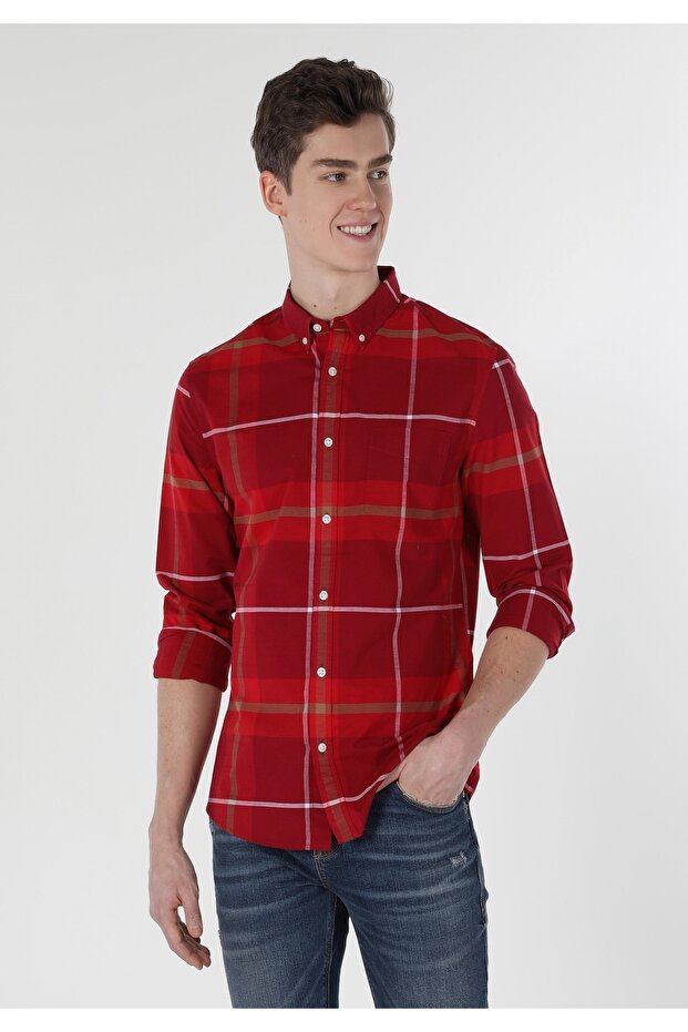 Slim Fit Shirt Neck Plaid Men's Red Long Sleeve Shirt