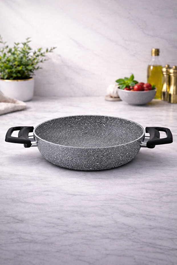 Eco Diez 22 cm Granit Ezme Sahan Gray | Non-Stick, Fireproof, Scratch-Resistant | Menemen Omelette Roasting Sote Sahan | Ergonomic Handle Granite Pan