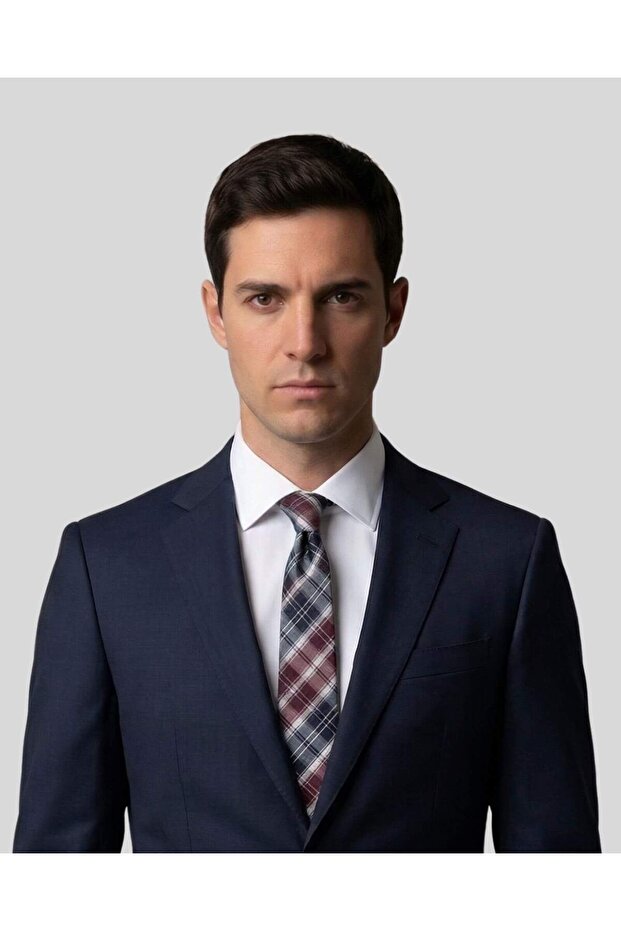 Burgundy Navy Blue Plaid Patterned 7 cm Wide Slim Tie