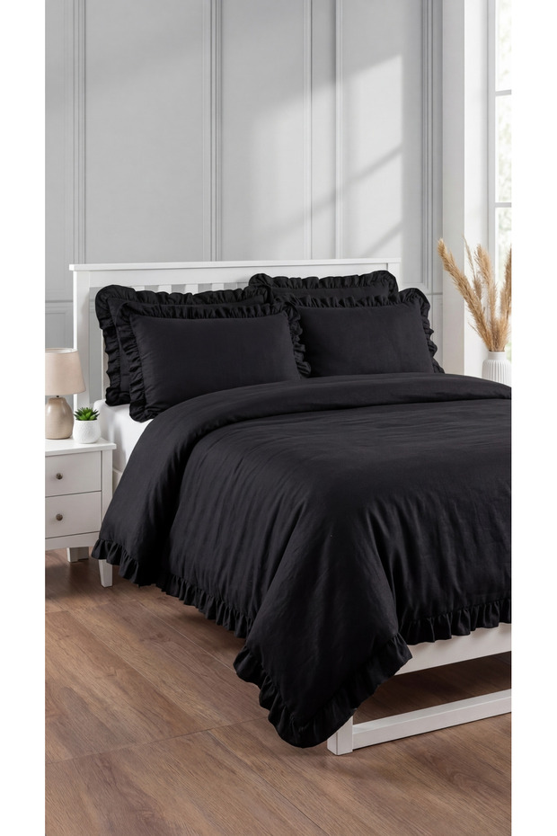 3 Piece (No Sheets) Cotton Fabric Ruffled Double Duvet Cover Set Black