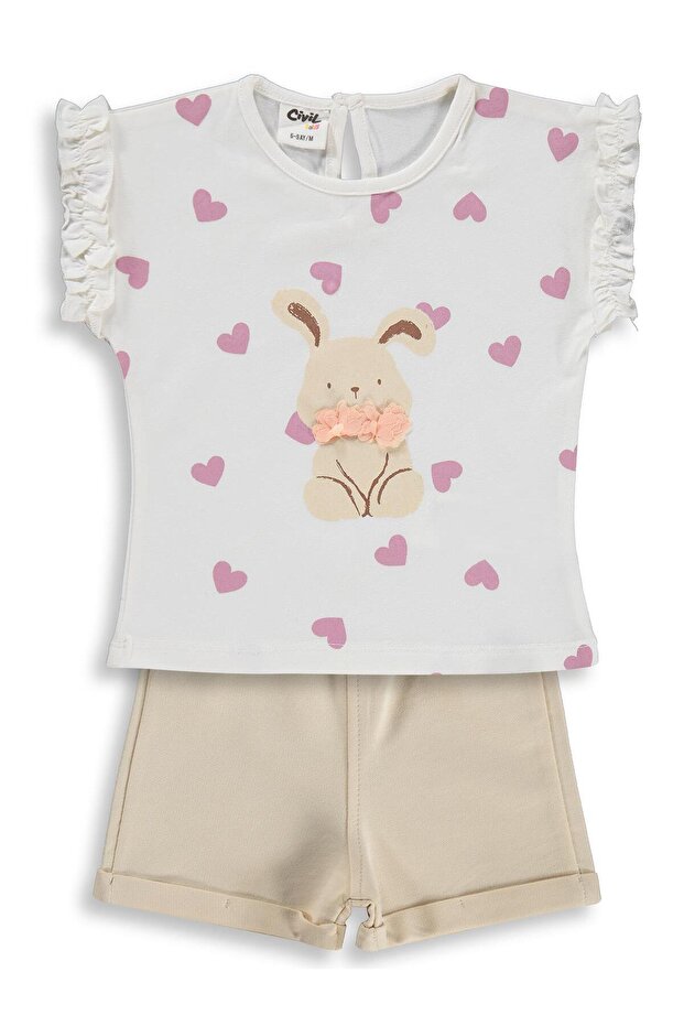 Heart Printed Rabbit Printed Shorts Set for 6-18 Months - Ecru