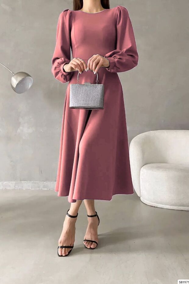 Balloon Sleeve Crew Neck Midi Dress