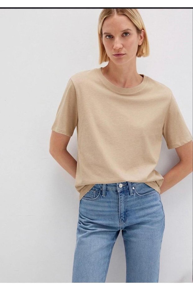 Women's T-Shirt (Premium Beige Short Sleeve T-Shirt Standard Fit 100% Cotton Crew Neck/Thick Fabric)
