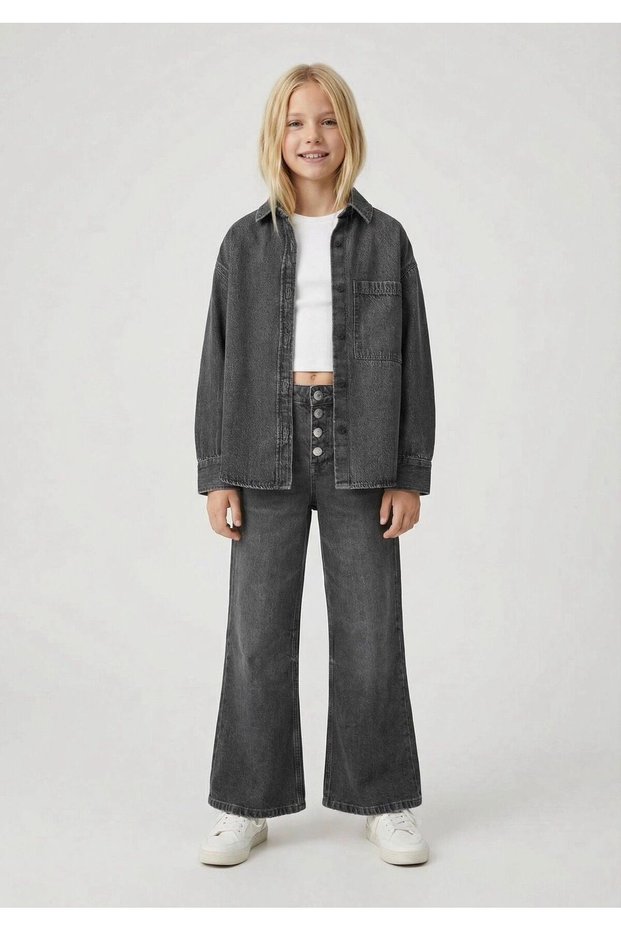 Girl's 2-Piece Set - Oversized Denim Shirt and White Crop Top