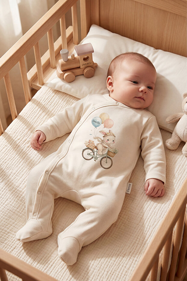 Baby Boy/Girl Overalls with Booties, Bicycle Rabbit Printed Snap Fastener Ecru Bodysuit Overalls 5955