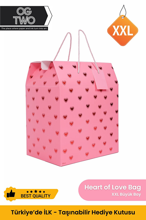 OGTWO Anneler Günü Büyük Hediye Kutusu Çanta Lüks Karton XXL Hediye Paketi Pembe Kalpli - 34x20x28cm
