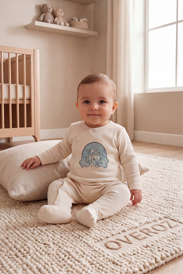 Baby Boy/Girl Romper with Booties Hello World Printed Snap Fastener Ecru Bodysuit Romper 5434