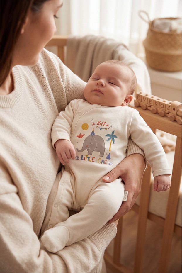Baby Boy/Girl Overalls with Booties, Elephant Printed Snap Fastener Ecru Bodysuit Overalls 5726