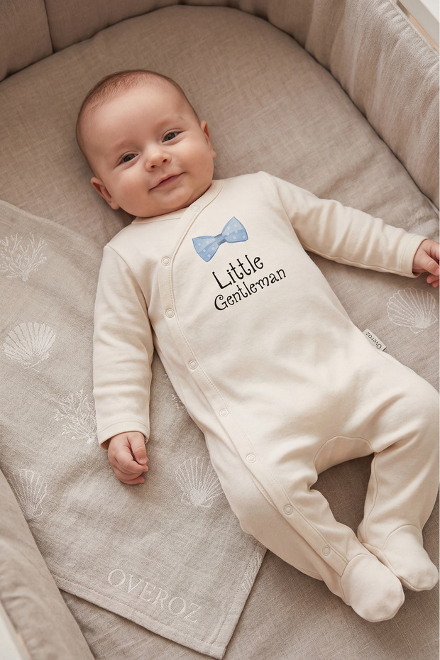 Baby Boy Booties Jumpsuit Little Gentleman Printed Snap Fastener Ecru Bodysuit Jumpsuit 5011