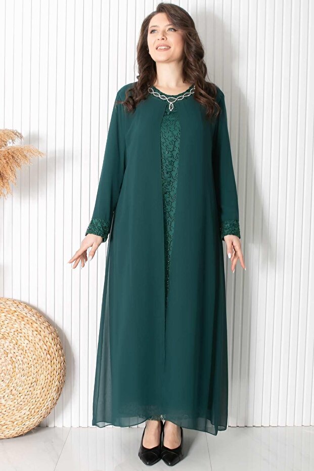 Necklace Detailed Evening Dress Green Tbs2418