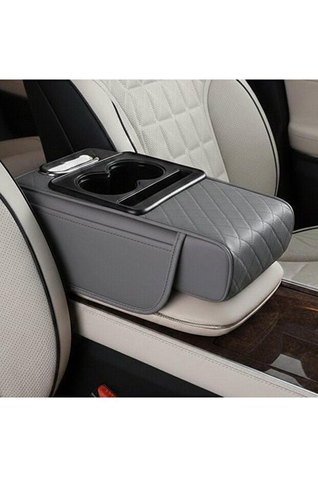 Car Seat Armrest Organizer with Cup Holder – PU Leather Center Console Storage Box(Gray)