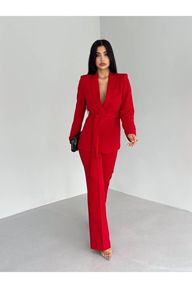 Women's Double Belted Blazer Jacket Trousers Suit Red