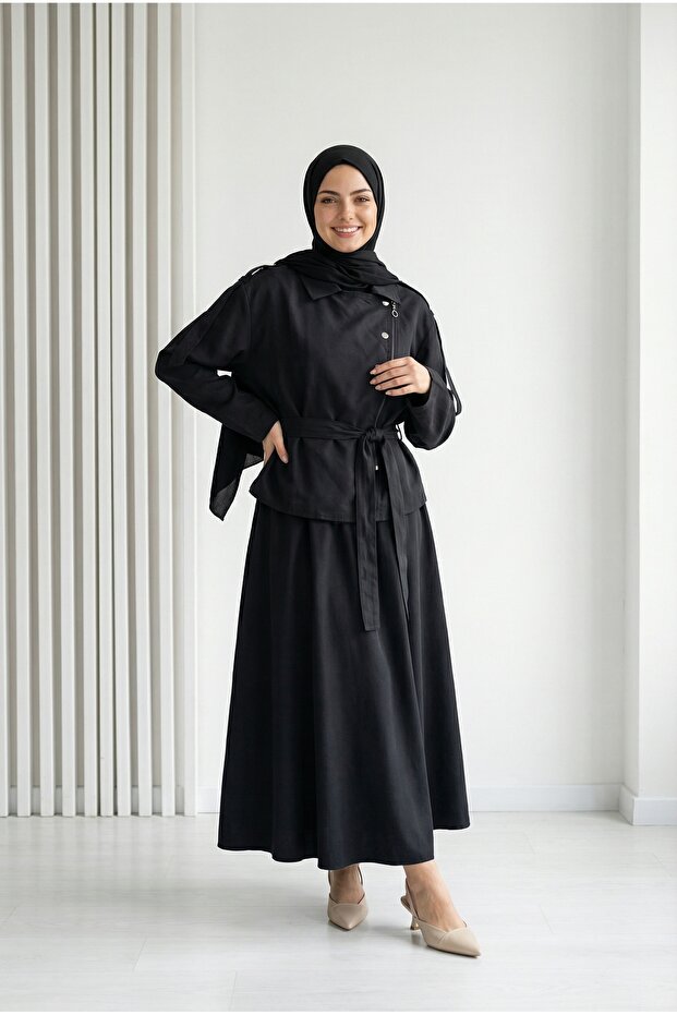 Tünay Cross Zipper Skirt Suit-Gs3881 Black