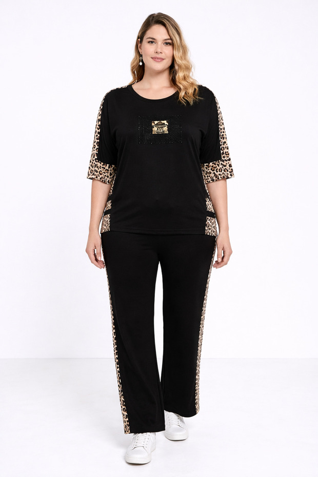 Women's Plus Size Black, Leopard and Stone Detailed Crew Neck Sweatpants Set 65N39447
