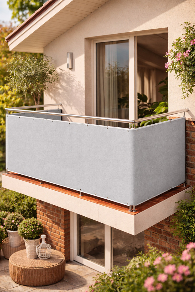 Balcony Iron Curtain Plain Gray Railing Curtain Length X Width with Metal Rings