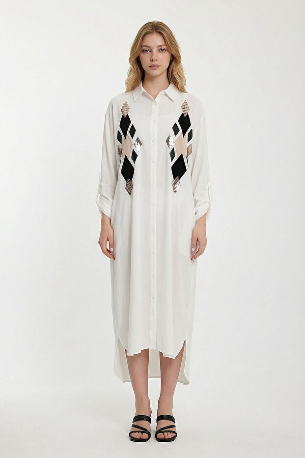 Women's White Sequin Embroidered Long Length Woven Shirt Dress Bcvl-24943