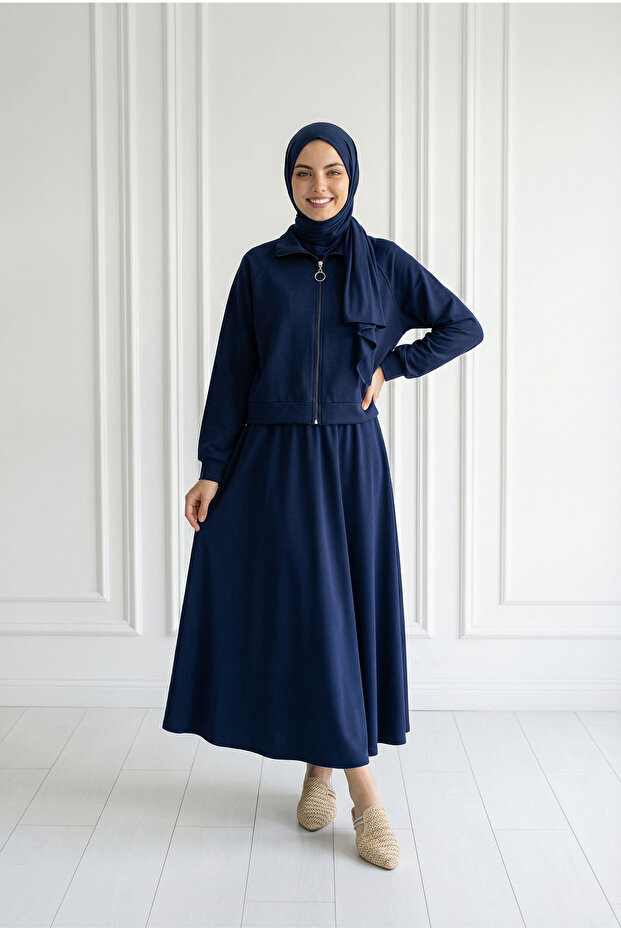 Beste Zipper Detailed Skirt Suit-As092 Navy Blue