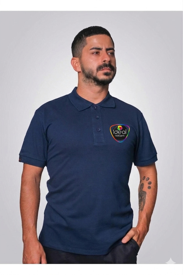 Company-Specific Printed You Wear Polo Collar Combed Cotton T-Shirt Navy Blue