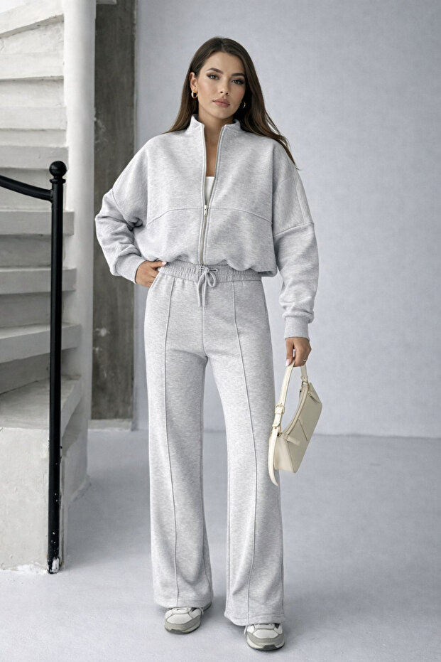 Zipper Collar Gray Pocketless Crop Women's Top and Bottom Set