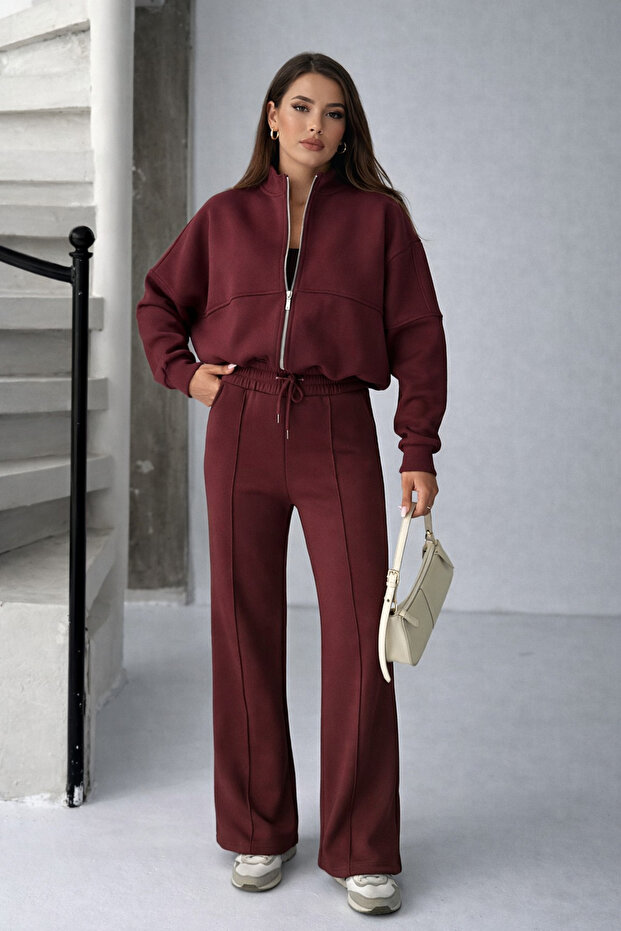 Zipper Collar Burgundy Pocketless Crop Women's Top and Bottom Set