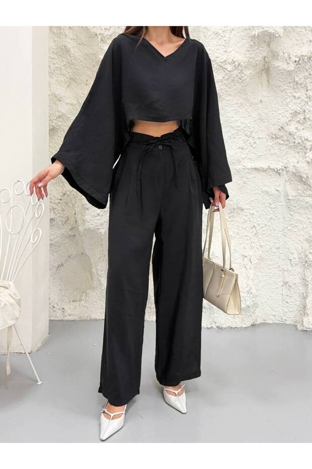 Black V-Neck Bat Sleeve Blouse Pants Set - 40119