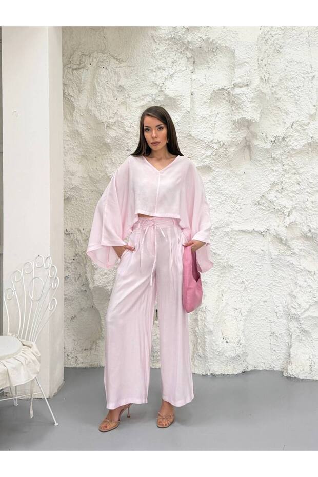 Pink V-Neck Bat Sleeve Blouse Pants Set - 40119