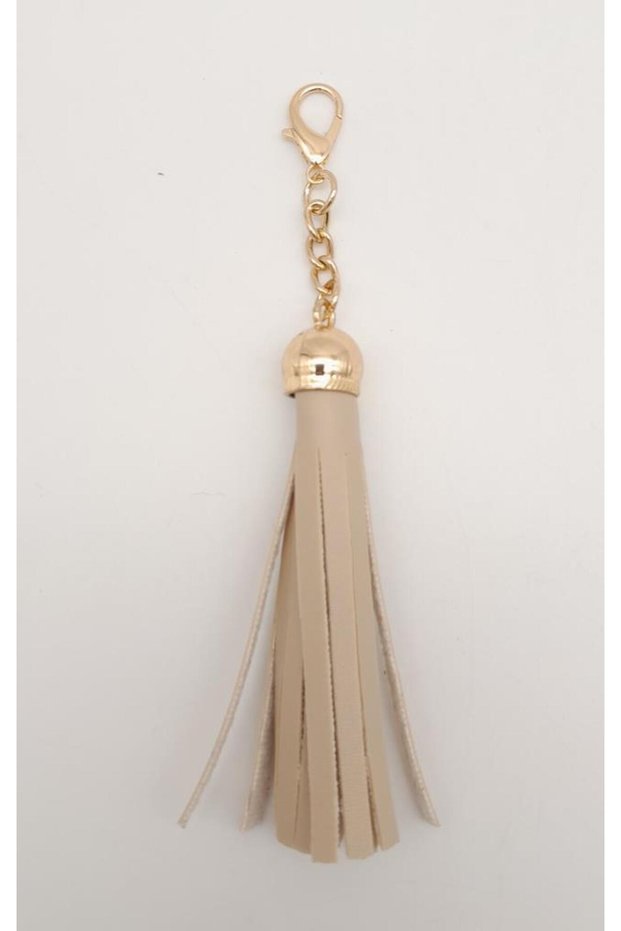 Beige Faux Leather Sleeve Tassel Light Gold Metal