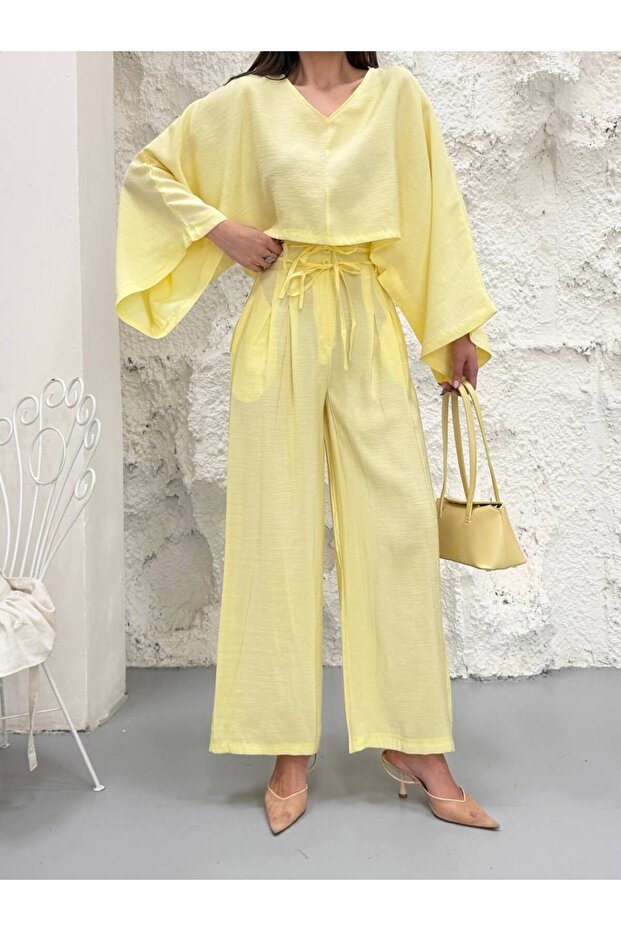 Yellow V-Neck Bat Sleeve Blouse Pants Set - 40119
