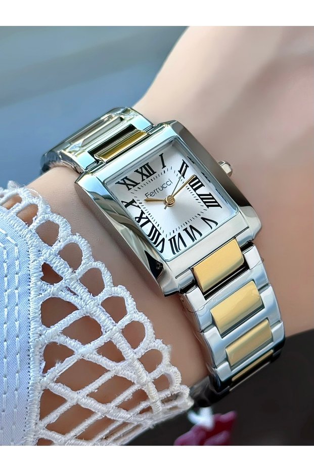 Women's Gold Silver Square Case Roman Numeral Wristwatch - Stylish Decor, Two-Tone Bracelet Strap