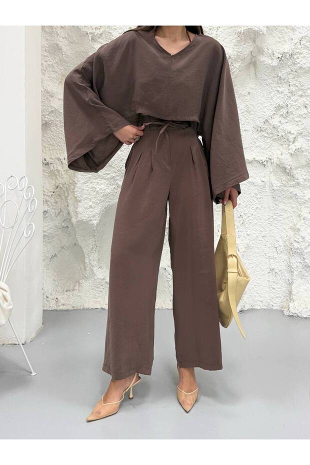Brown V-Neck Bat Sleeve Blouse Pants Set - 40119