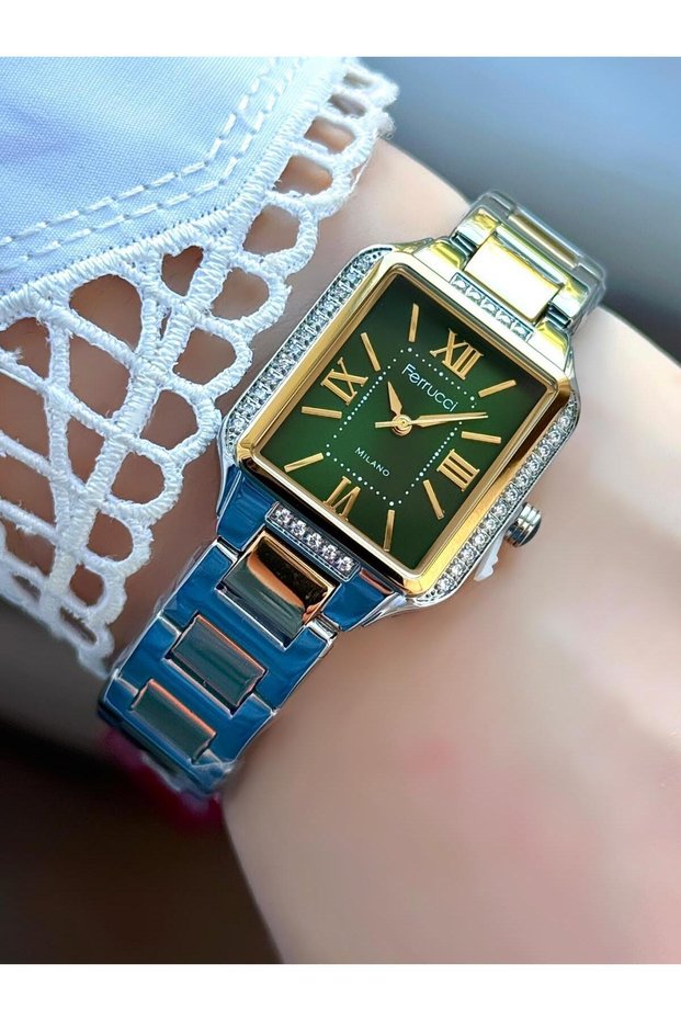 Milano Women's Wristwatch – Rectangular Green Dial, Stone Bezel, Metal Cord, Double Color