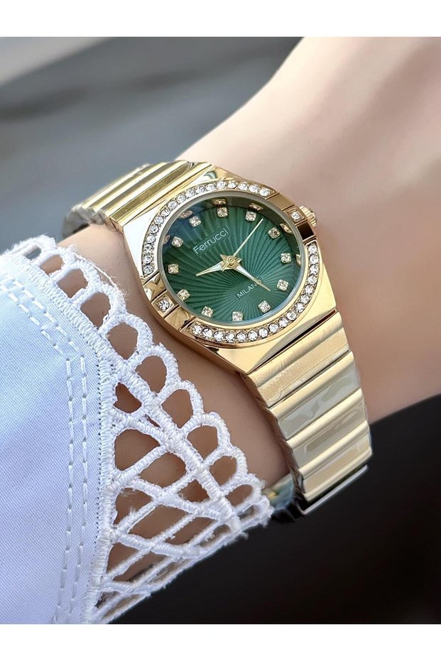 Women's Watch Gold Metal Cord Green Stone Dial