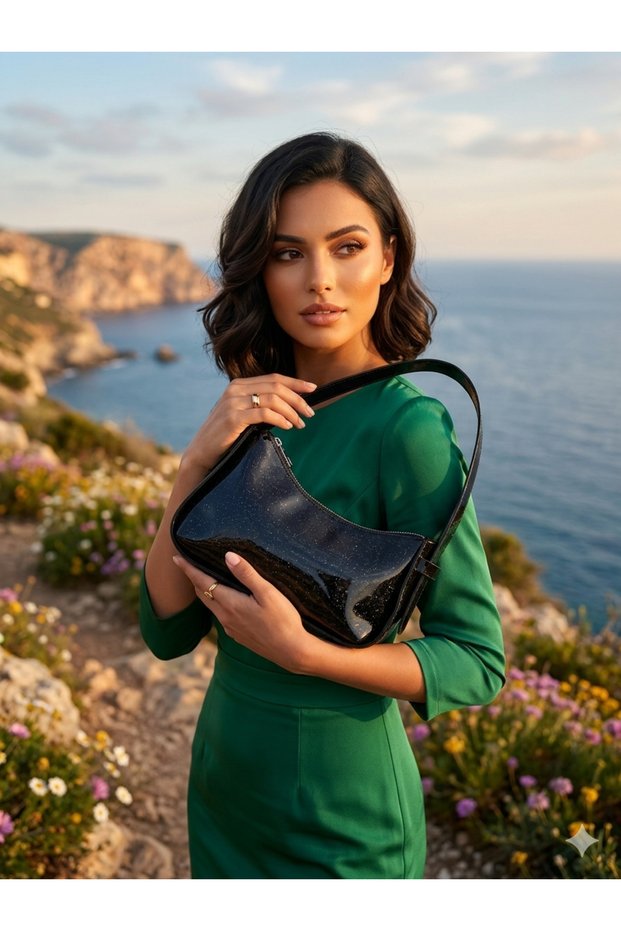 Sim Patterned Black Soft Patent Leather Baguette