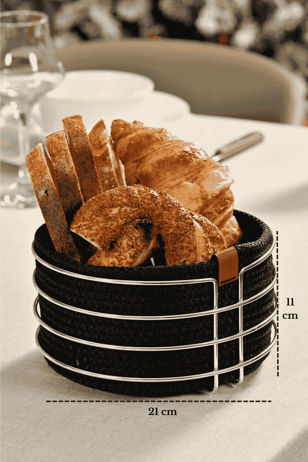 Beige Round Bread Basket Bread Serving Presentation Basket Macrame Multi-Purpose Stainless Metal