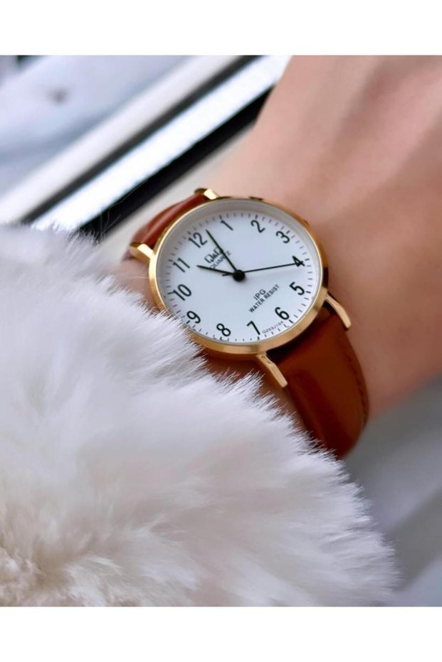 Women's Brown Vegan Leather Strap Gold Metal Bezel Classic Timeless White Dial Wristwatch