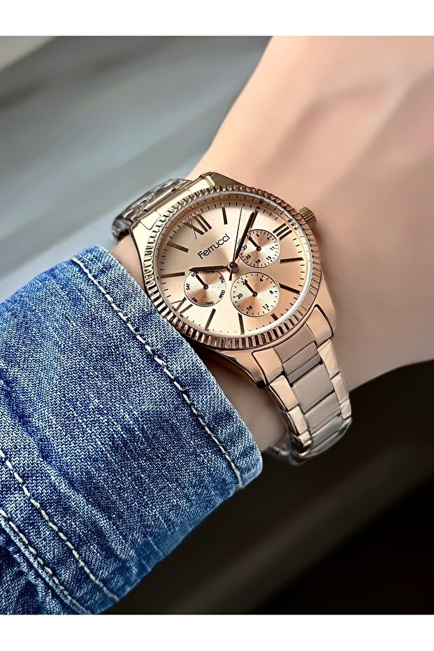Women's Silver Stone Striped Dial Display Metal Cord Wristwatch