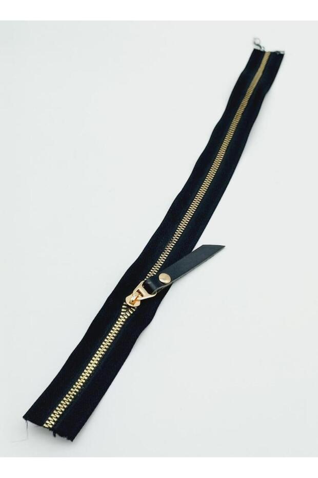 Black Zipper with Real Leather Head 40 Cm Light Gold Metal