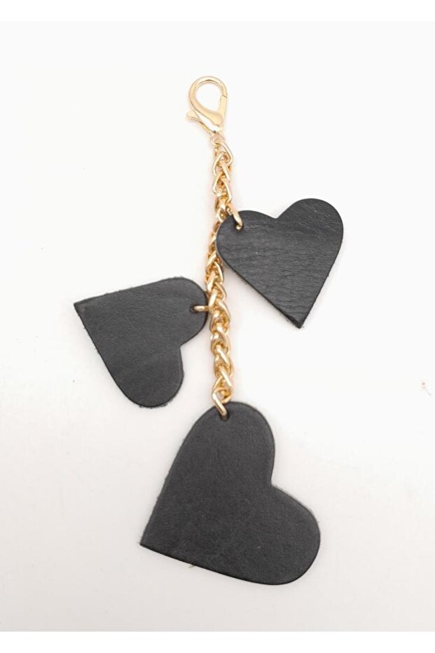 Black Real Leather Heart Ornamental Tassel with Light Gold Chain
